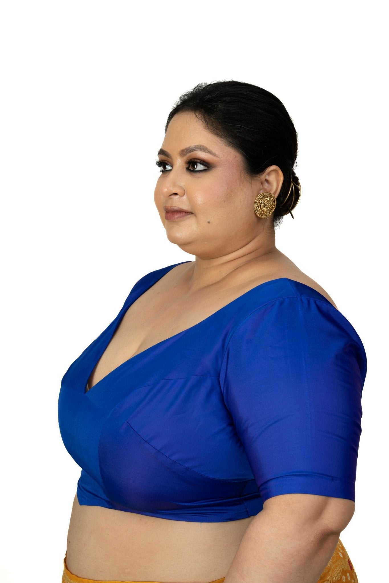 Blue Plus Size Sweet Heart Neckline Blouse with Elbow Sleeves - Anvi Couture