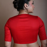 Red Round Neck Blouse in Cotton with Half Sleeves - Anvi Couture