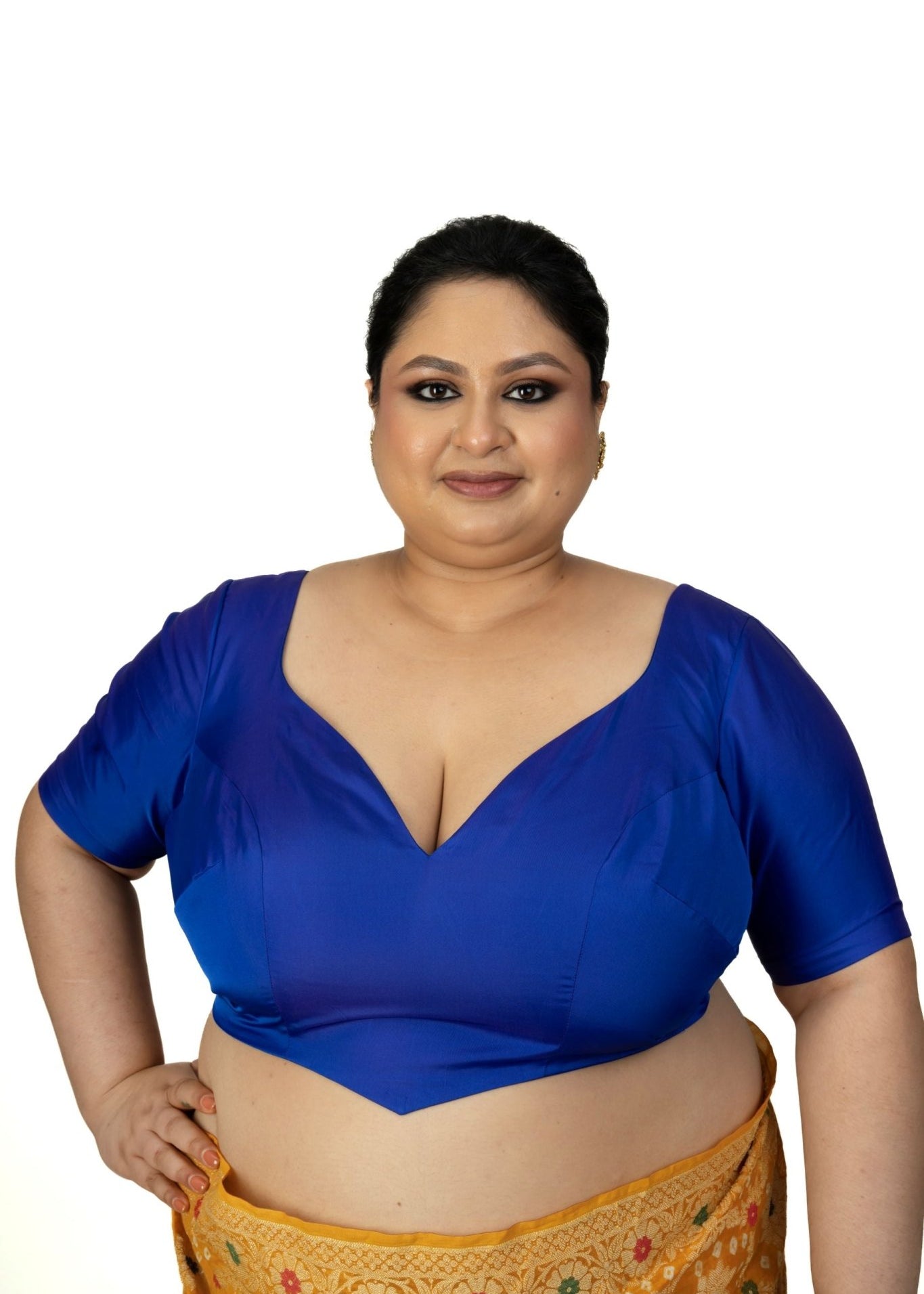 Blue Plus Size Sweet Heart Neckline Blouse with Elbow Sleeves - Anvi Couture