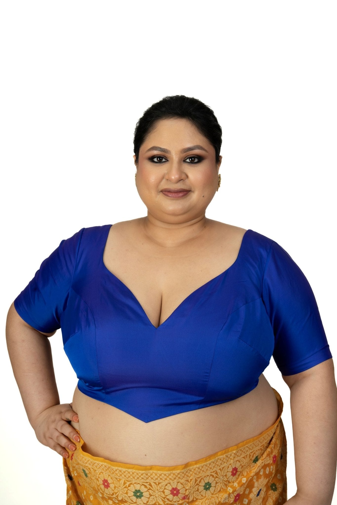 Blue Plus Size Sweet Heart Neckline Blouse with Elbow Sleeves - Anvi Couture