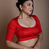 Red Round Neck Blouse in Cotton with Half Sleeves - Anvi Couture