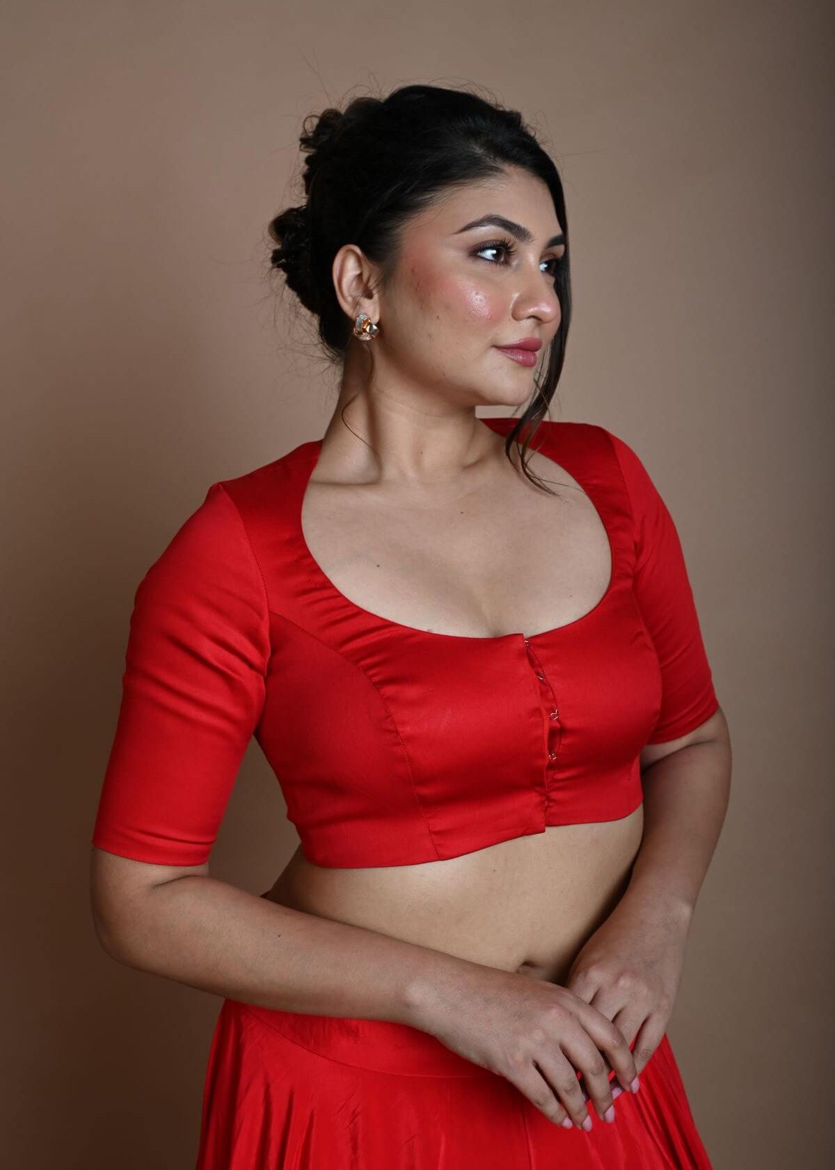 Red Round Neck Blouse in Cotton with Half Sleeves - Anvi Couture