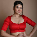 Red Round Neck Blouse in Cotton with Half Sleeves - Anvi Couture