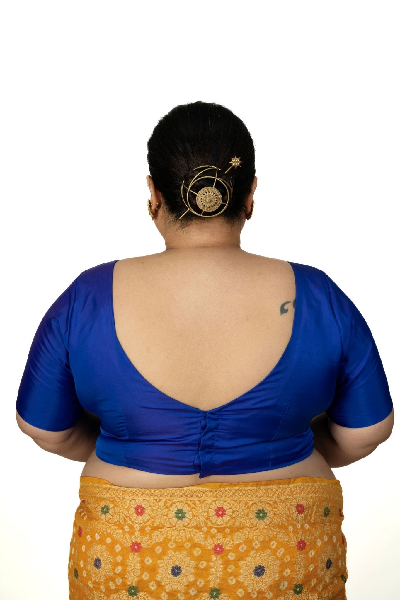 Blue Plus Size Sweet Heart Neckline Blouse with Elbow Sleeves - Anvi Couture