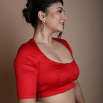 Red Round Neck Blouse in Cotton with Half Sleeves - Anvi Couture