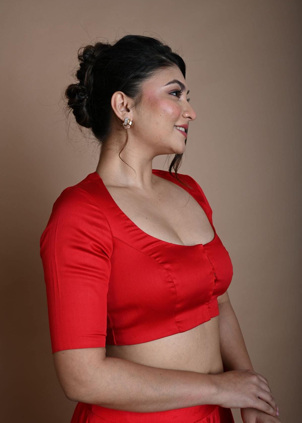 Red Round Neck Blouse in Cotton with Half Sleeves - Anvi Couture