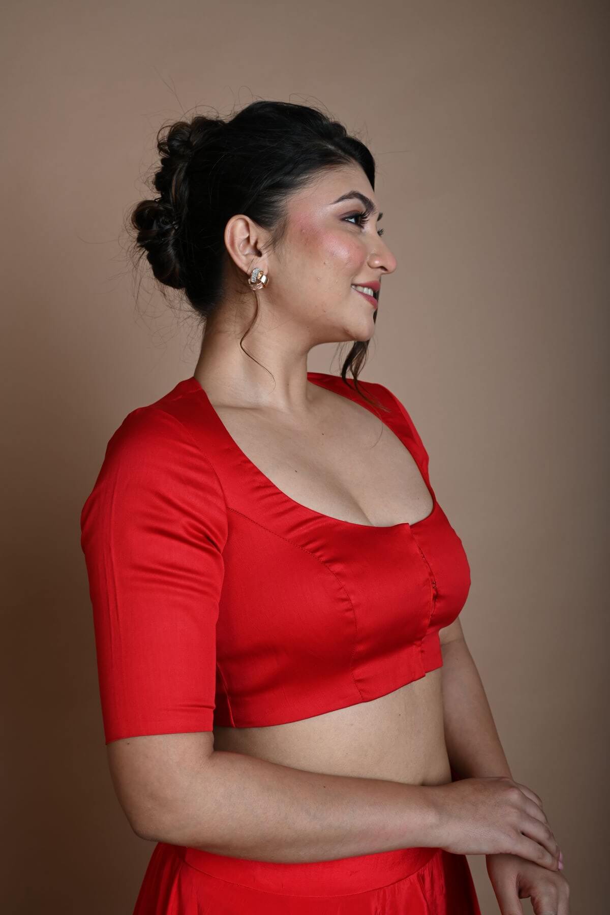 Red Round Neck Blouse in Cotton with Half Sleeves - Anvi Couture