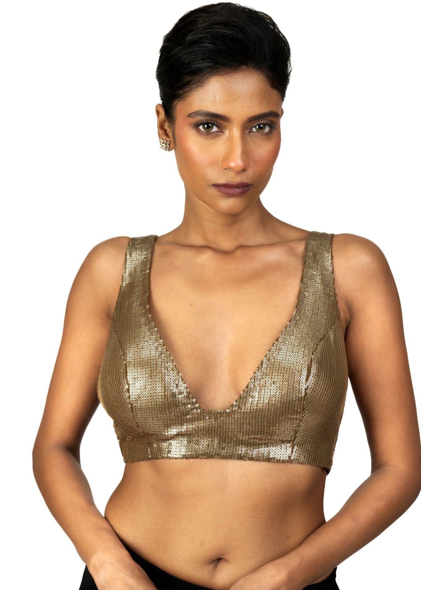 Antique Gold Sequin Plunging V Neck Sleeveless Blouse - Anvi Couture