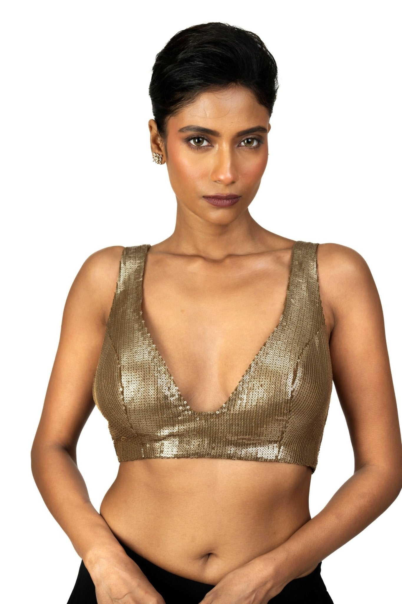 Antique Gold Sequin Plunging V Neck Sleeveless Blouse - Anvi Couture