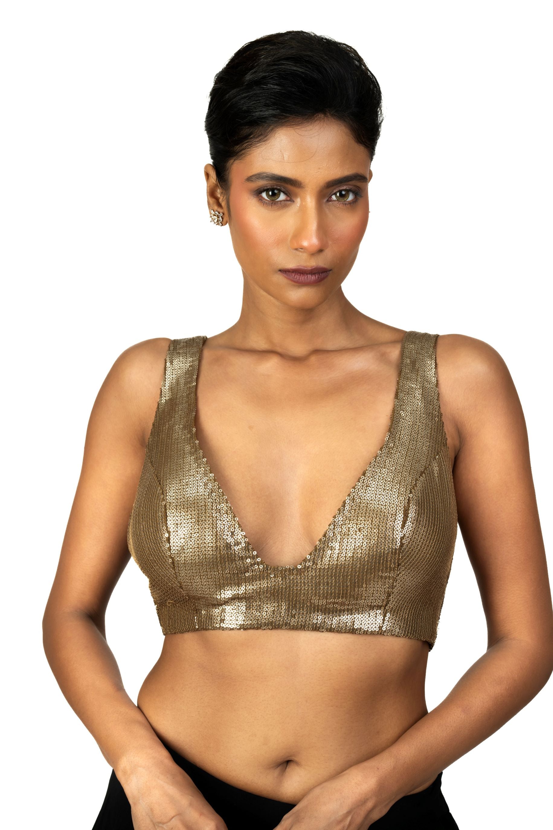 Antique Gold Sequin Plunging V Neck Sleeveless Blouse - image 1