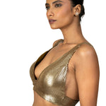Antique Gold Sequin Plunging V Neck Sleeveless Blouse - image 3