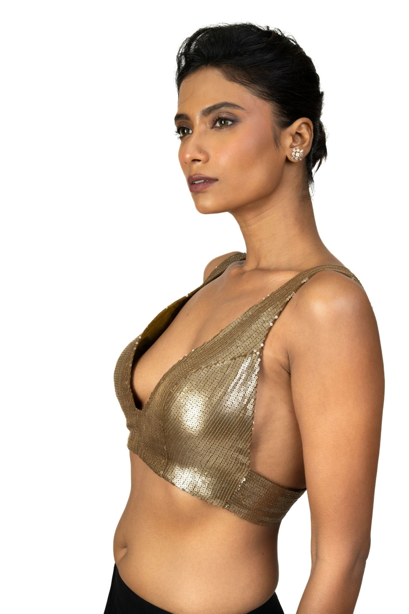 Antique Gold Sequin Plunging V Neck Sleeveless Blouse - Anvi Couture