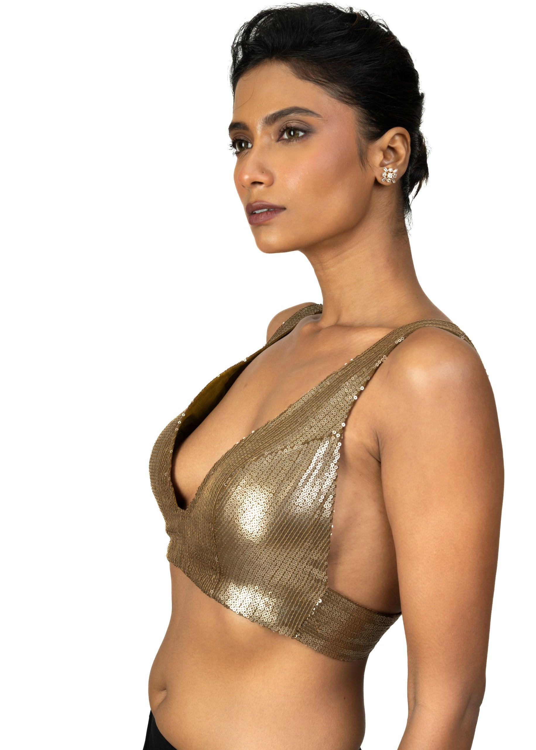 Antique Gold Sequin Plunging V Neck Sleeveless Blouse - image 3