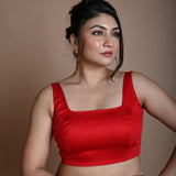 Red Sleeveless Blouse in Cotton with Square Neckline - Anvi Couture