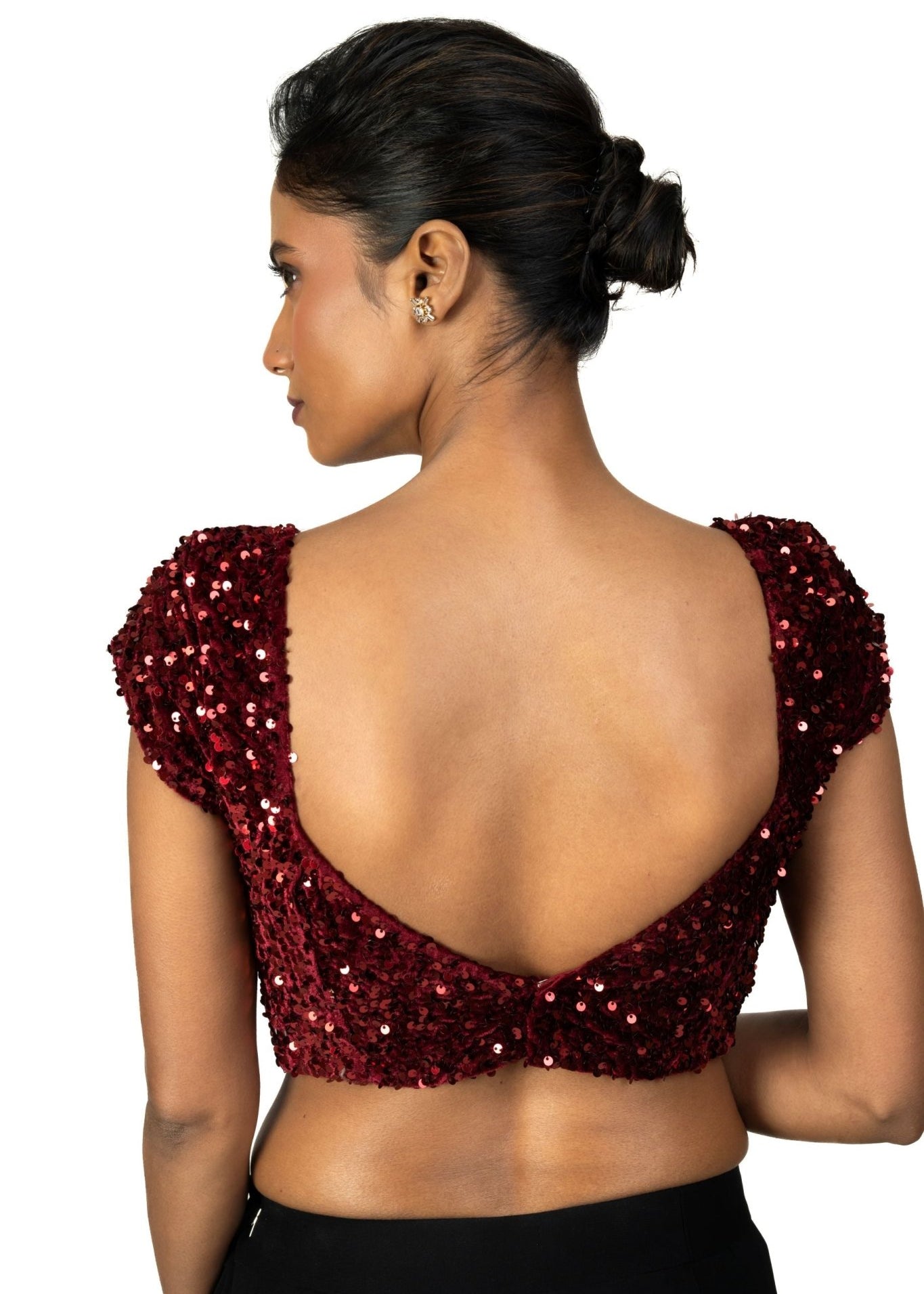 Maroon Sequin Velvet Blouse – Cap Sleeves, Sweetheart Neckline - Anvi Couture