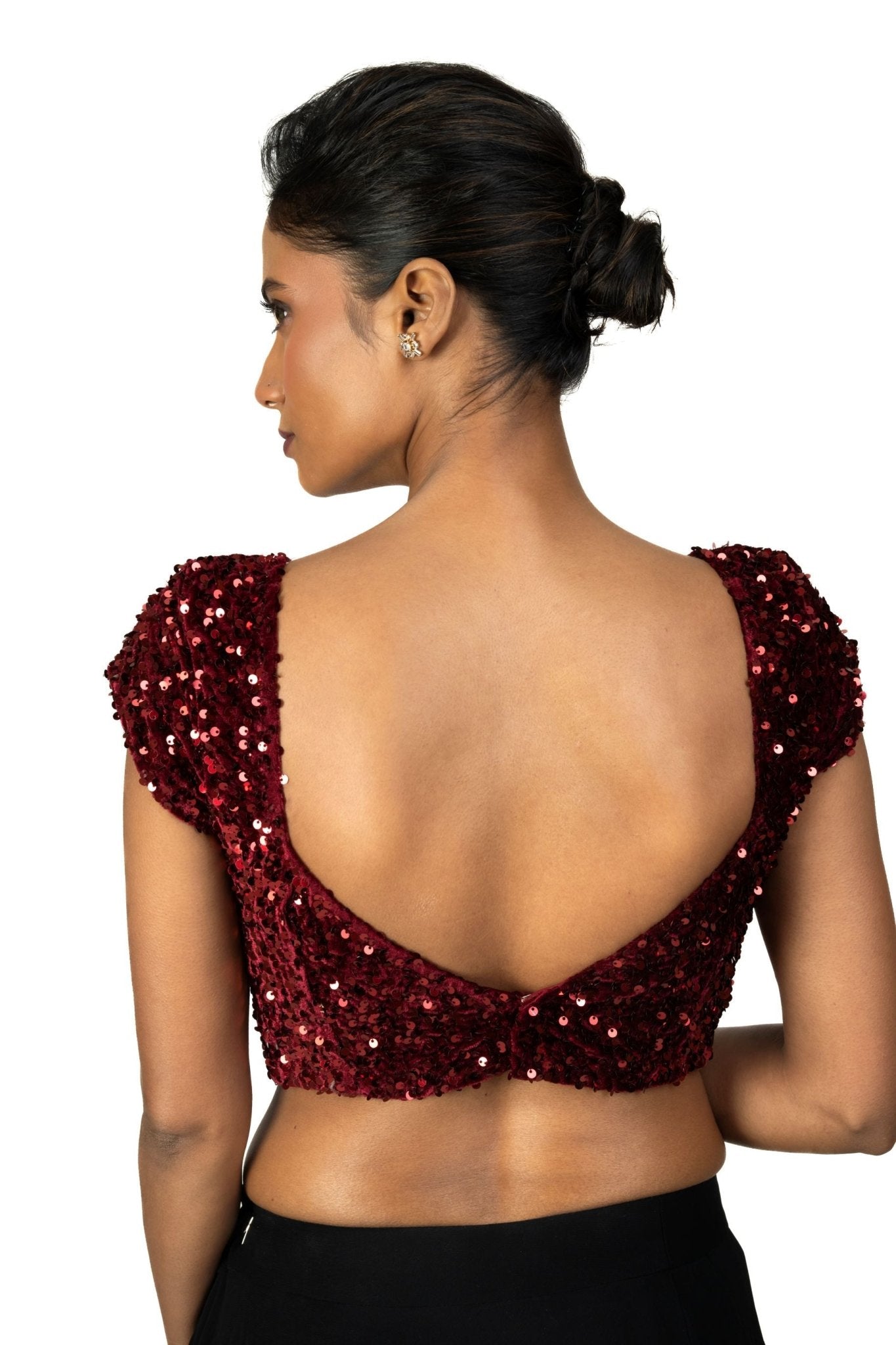 Maroon Sequin Velvet Blouse – Cap Sleeves, Sweetheart Neckline - Anvi Couture