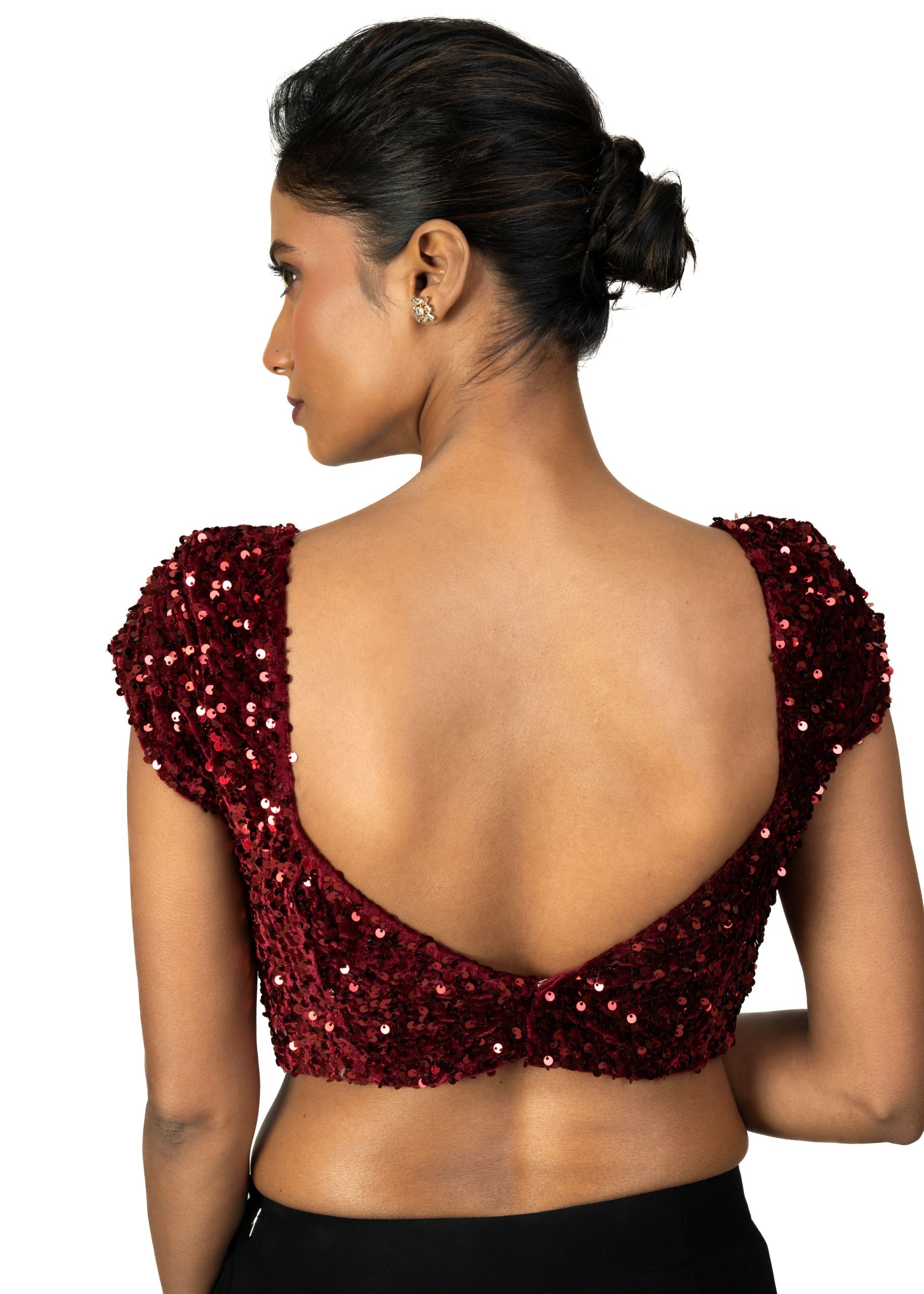 Maroon Sequin Velvet Blouse – Cap Sleeves, Sweetheart Neckline - image 4