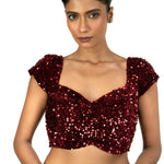 Maroon Sequin Velvet Blouse – Cap Sleeves, Sweetheart Neckline - image 1
