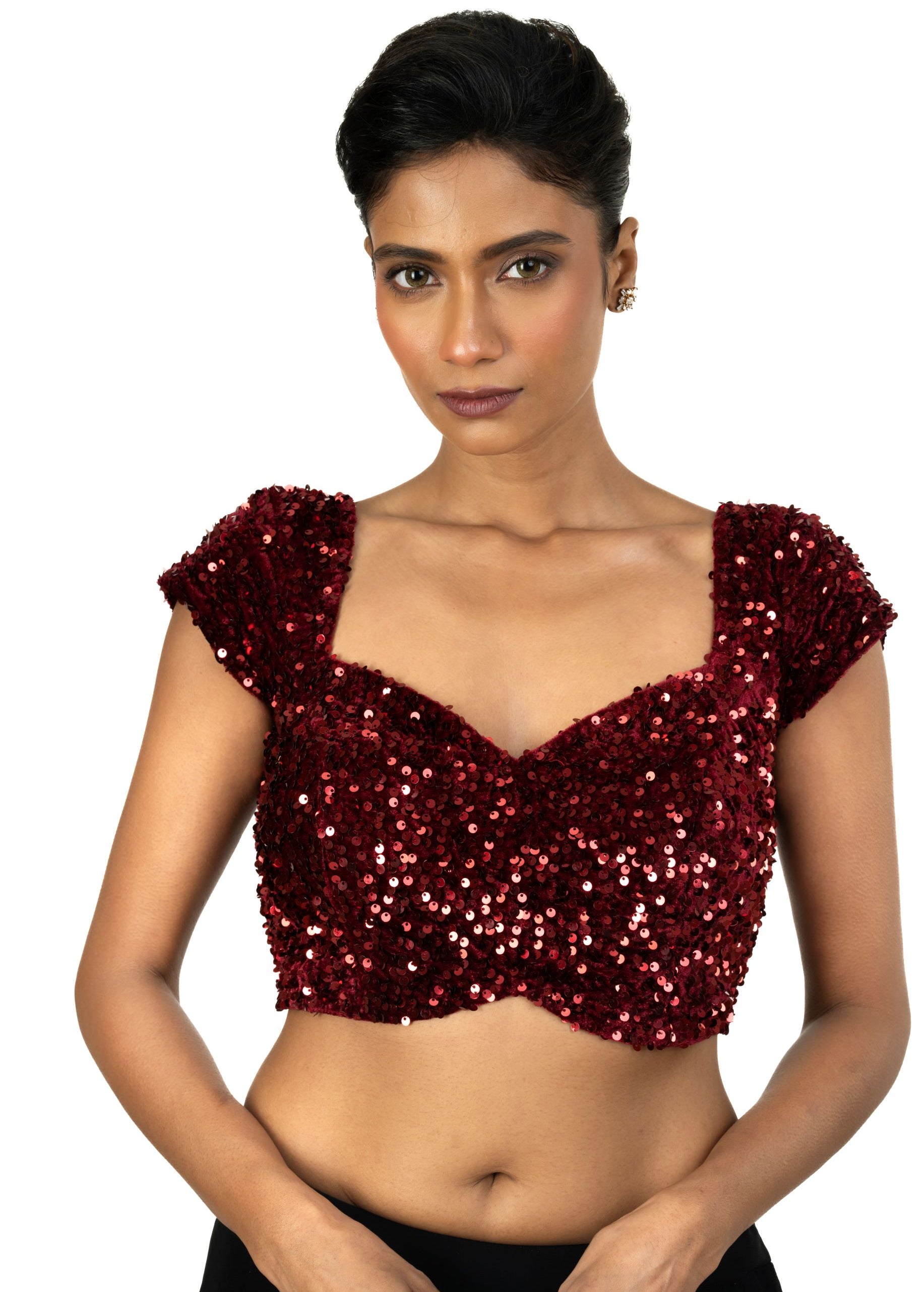 Maroon Sequin Velvet Blouse – Cap Sleeves, Sweetheart Neckline - image 1