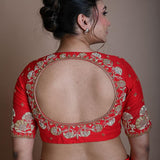 Red Half Sleeve Blouse in Raw Silk with Hand Embroidery Work and Back Cutout - Anvi Couture