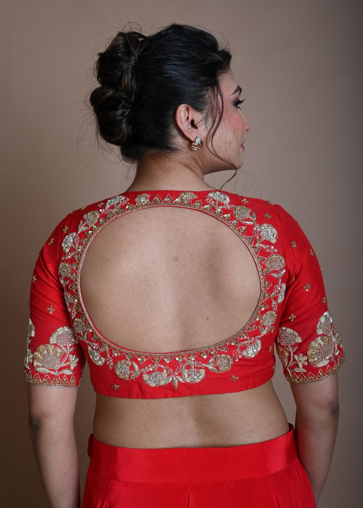 Red Half Sleeve Blouse in Raw Silk with Hand Embroidery Work and Back Cutout - Anvi Couture