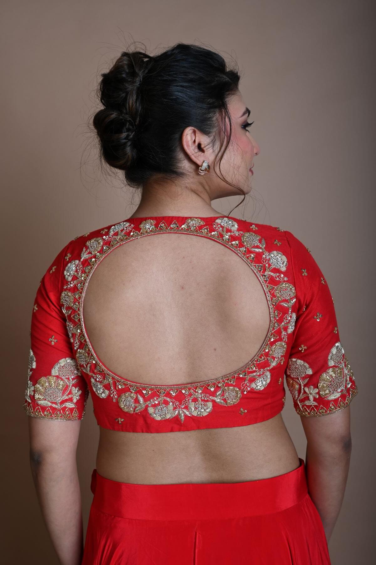 Red Half Sleeve Blouse in Raw Silk with Hand Embroidery Work and Back Cutout - Anvi Couture