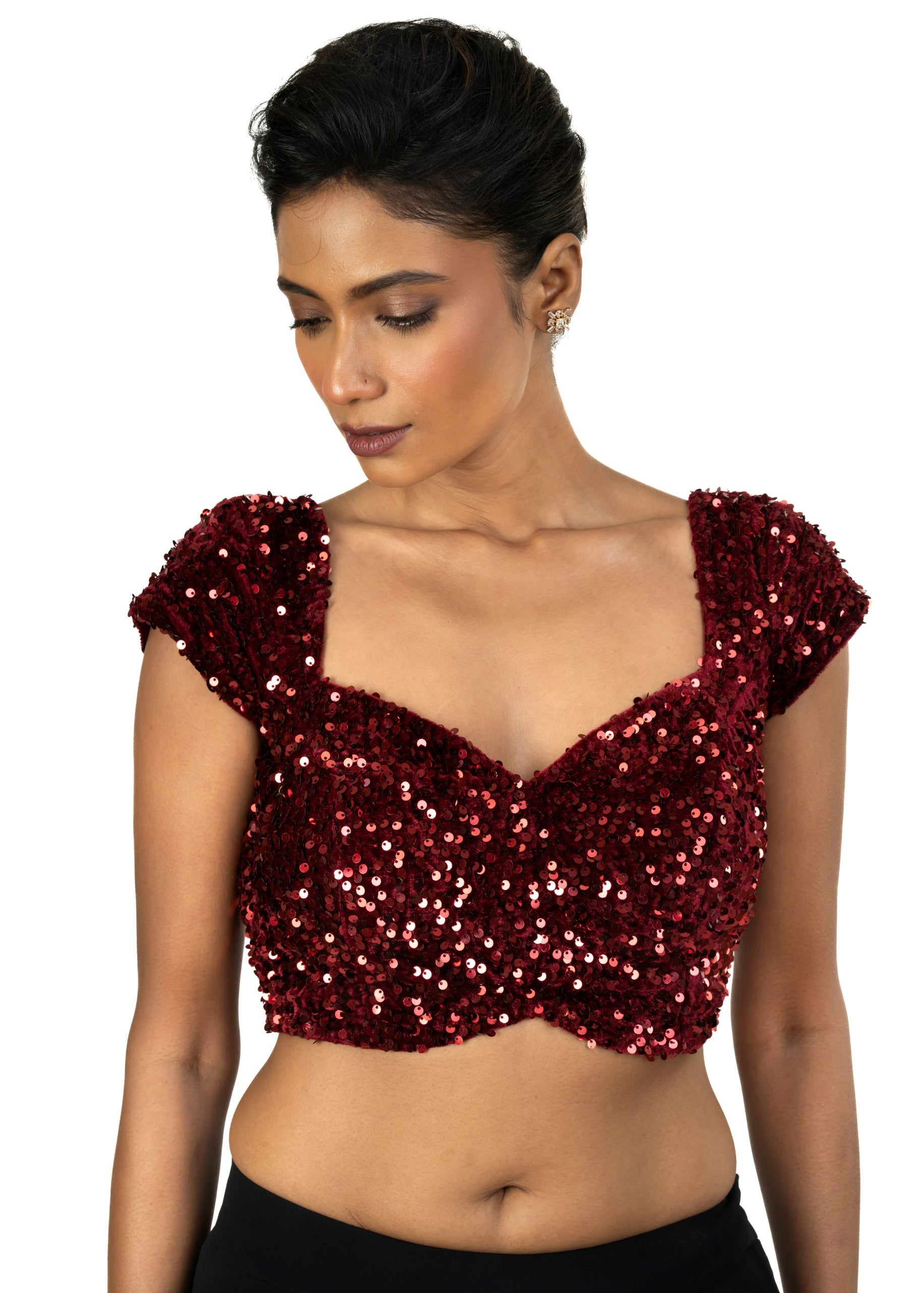Maroon Sequin Velvet Blouse – Cap Sleeves, Sweetheart Neckline - image 2