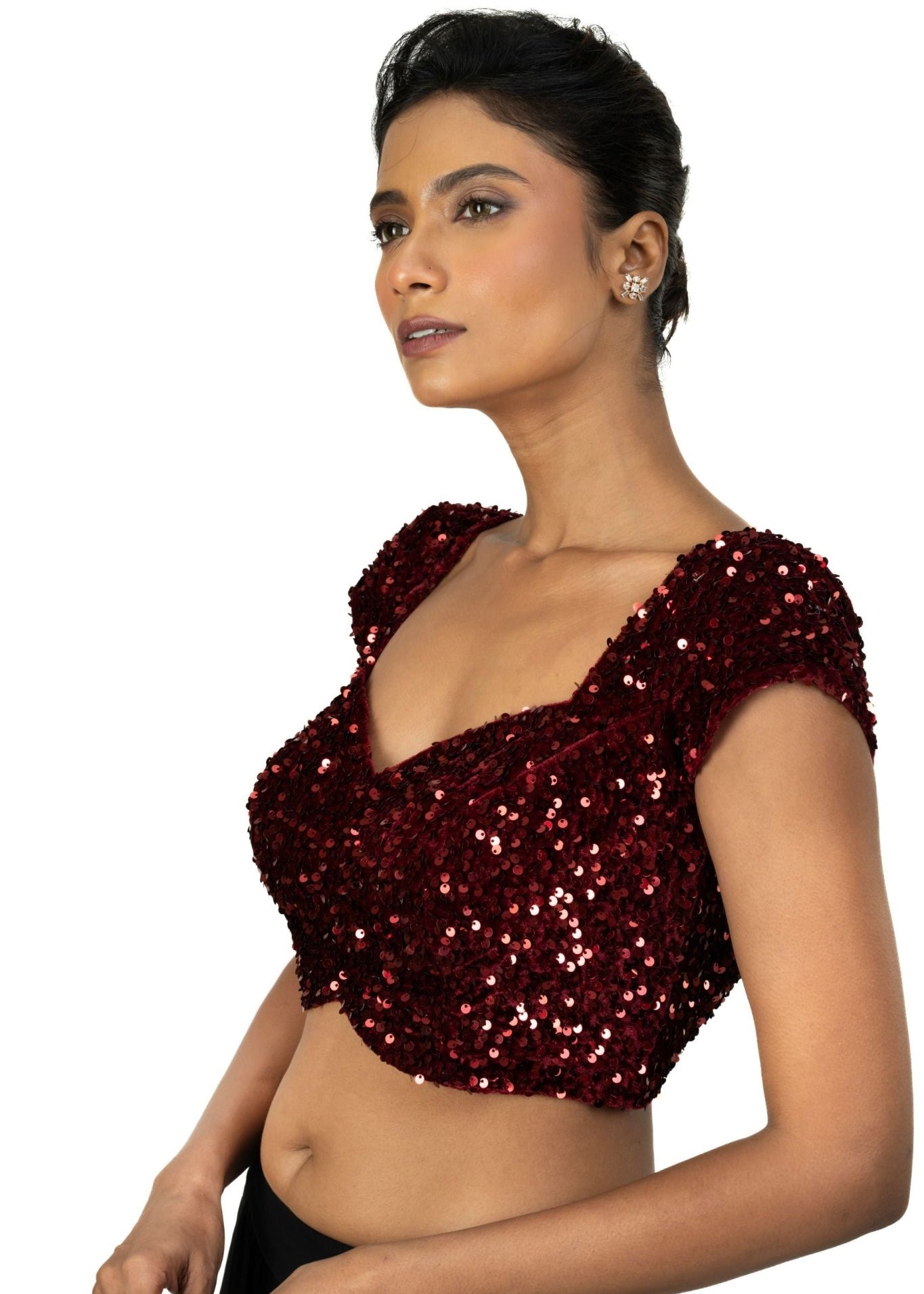 Maroon Sequin Velvet Blouse – Cap Sleeves, Sweetheart Neckline - Anvi Couture