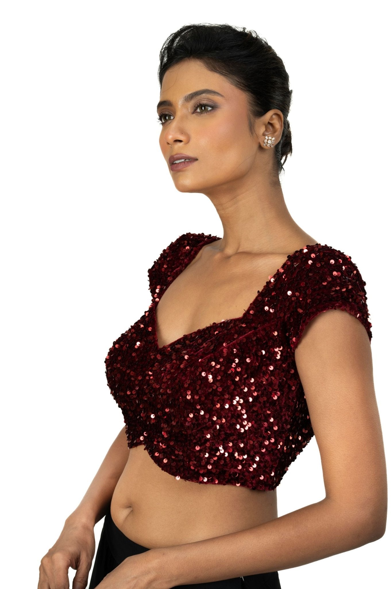 Maroon Sequin Velvet Blouse – Cap Sleeves, Sweetheart Neckline - Anvi Couture