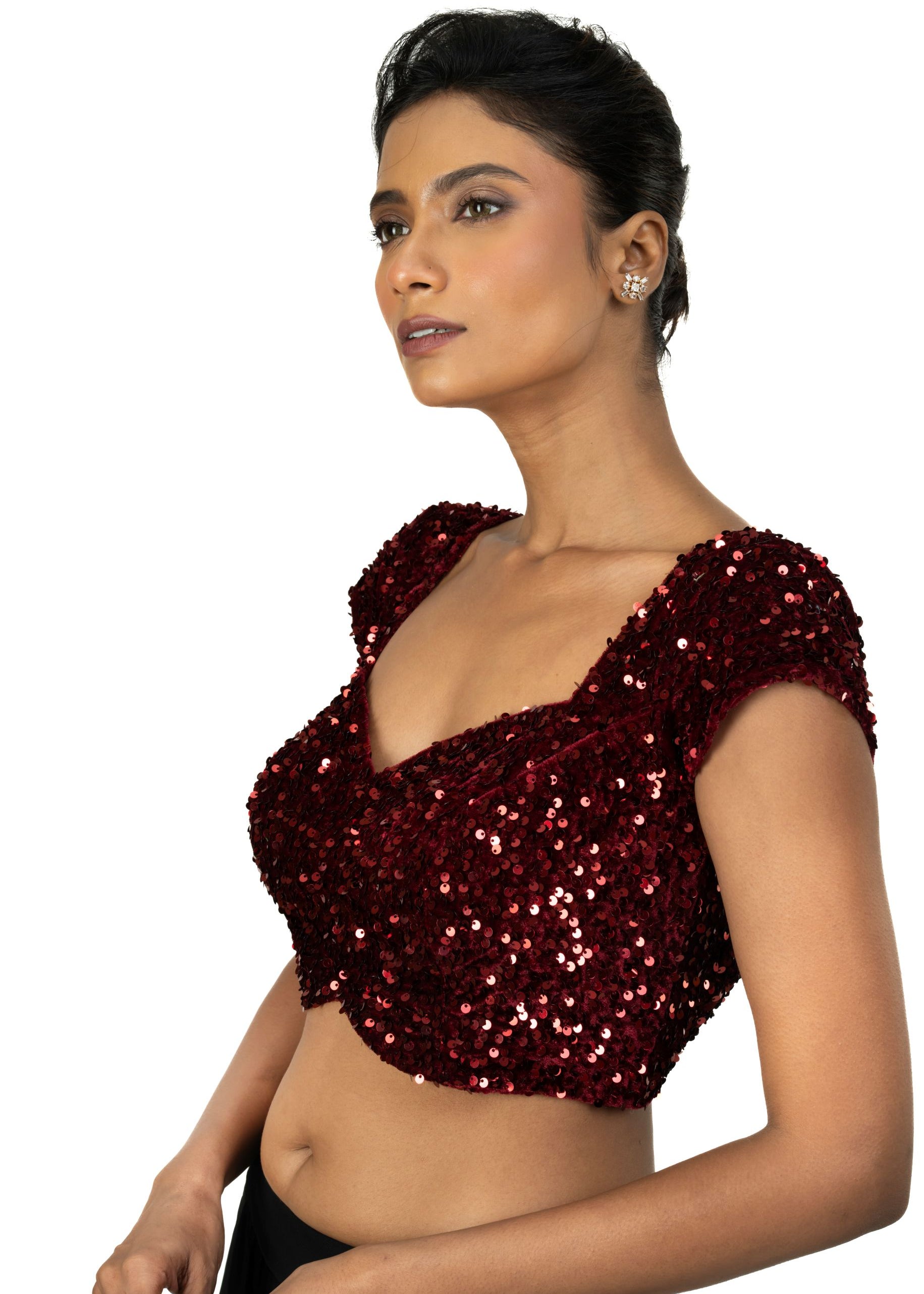 Maroon Sequin Velvet Blouse – Cap Sleeves, Sweetheart Neckline - image 3