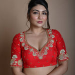 Red Half Sleeve Blouse in Raw Silk with Hand Embroidery Work and Back Cutout - Anvi Couture