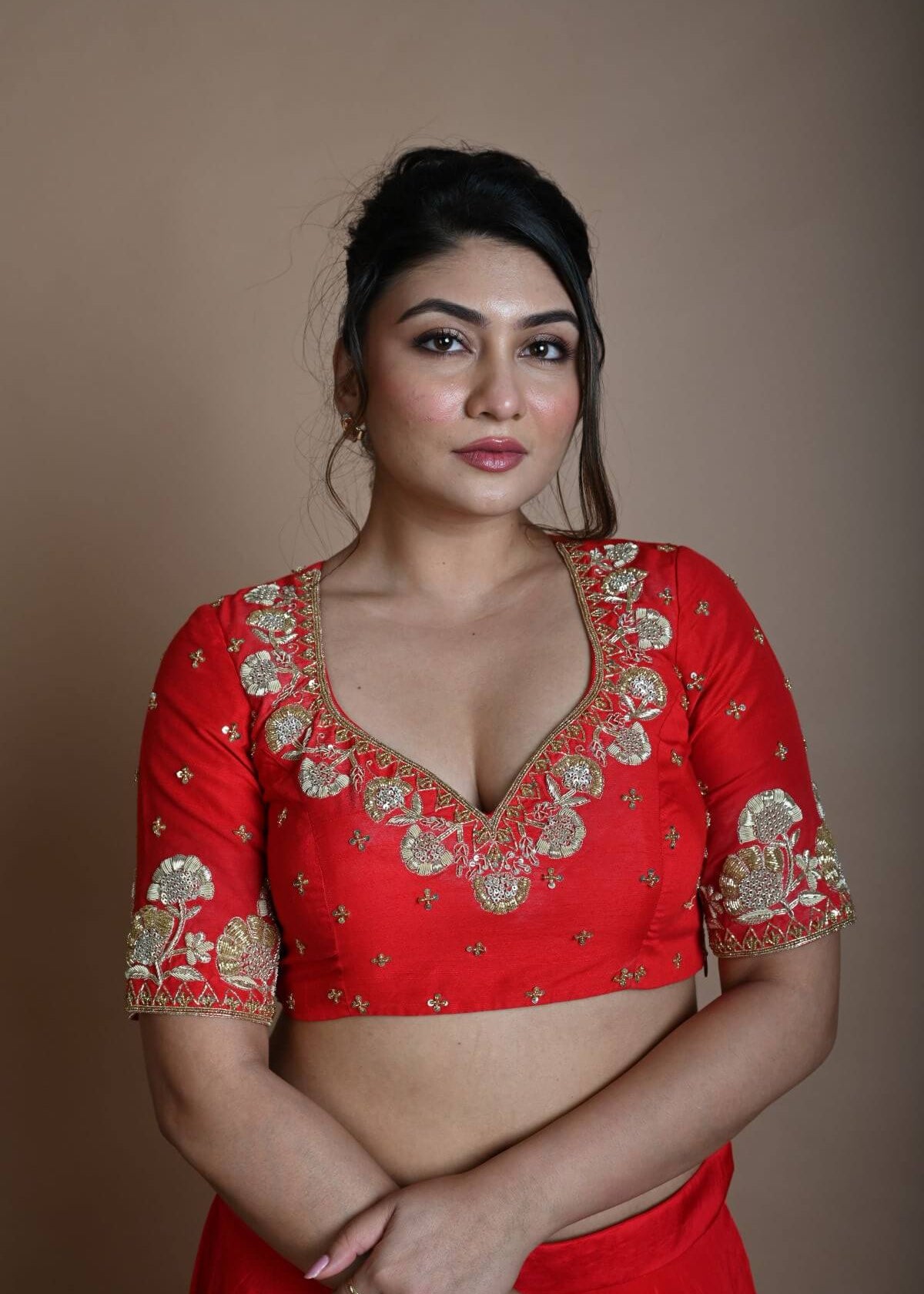 Red Half Sleeve Blouse in Raw Silk with Hand Embroidery Work and Back Cutout - Anvi Couture