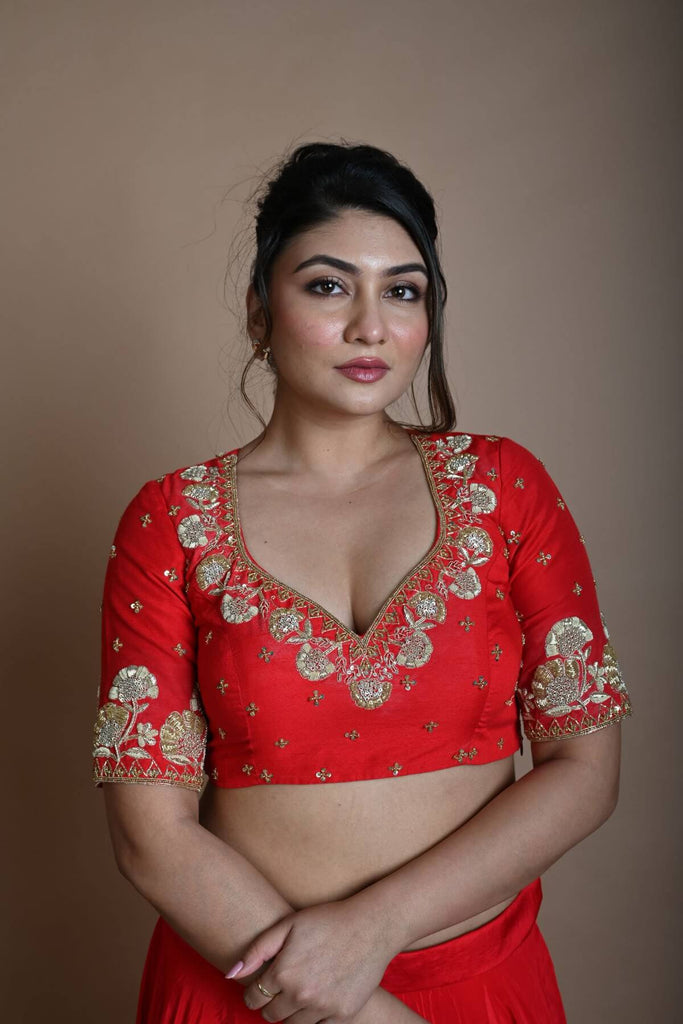 Red Half Sleeve Blouse in Raw Silk with Hand Embroidery Work and Back Cutout
