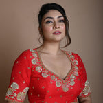 Red Half Sleeve Blouse in Raw Silk with Hand Embroidery Work and Back Cutout - Anvi Couture