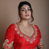 Red Half Sleeve Blouse in Raw Silk with Hand Embroidery Work and Back Cutout - Anvi Couture