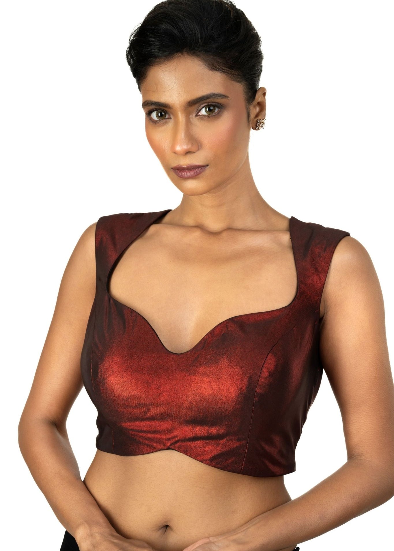 Maroon Sleeveless Tissue Blouse with Sweetheart Neckline - Anvi Couture