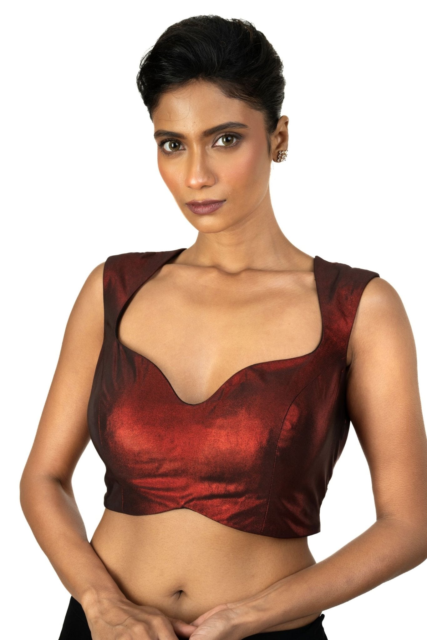 Maroon Sleeveless Tissue Blouse with Sweetheart Neckline - Anvi Couture