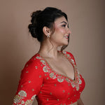 Red Half Sleeve Blouse in Raw Silk with Hand Embroidery Work and Back Cutout - Anvi Couture