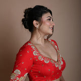 Red Half Sleeve Blouse in Raw Silk with Hand Embroidery Work and Back Cutout - Anvi Couture