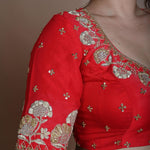 Red Half Sleeve Blouse in Raw Silk with Hand Embroidery Work and Back Cutout - Anvi Couture