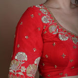 Red Half Sleeve Blouse in Raw Silk with Hand Embroidery Work and Back Cutout - Anvi Couture