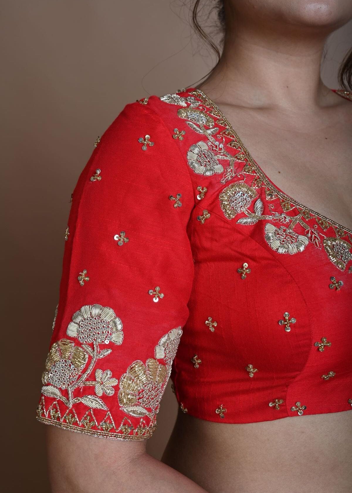 Red Half Sleeve Blouse in Raw Silk with Hand Embroidery Work and Back Cutout - Anvi Couture