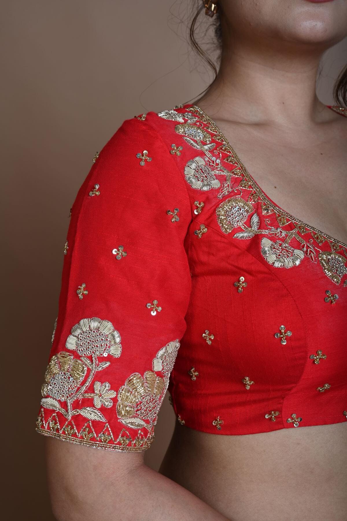 Red Half Sleeve Blouse in Raw Silk with Hand Embroidery Work and Back Cutout - Anvi Couture