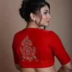 Red Bridal V Neck Blouse in Velvet with Half Sleeves and Hand Embroidery - Anvi Couture