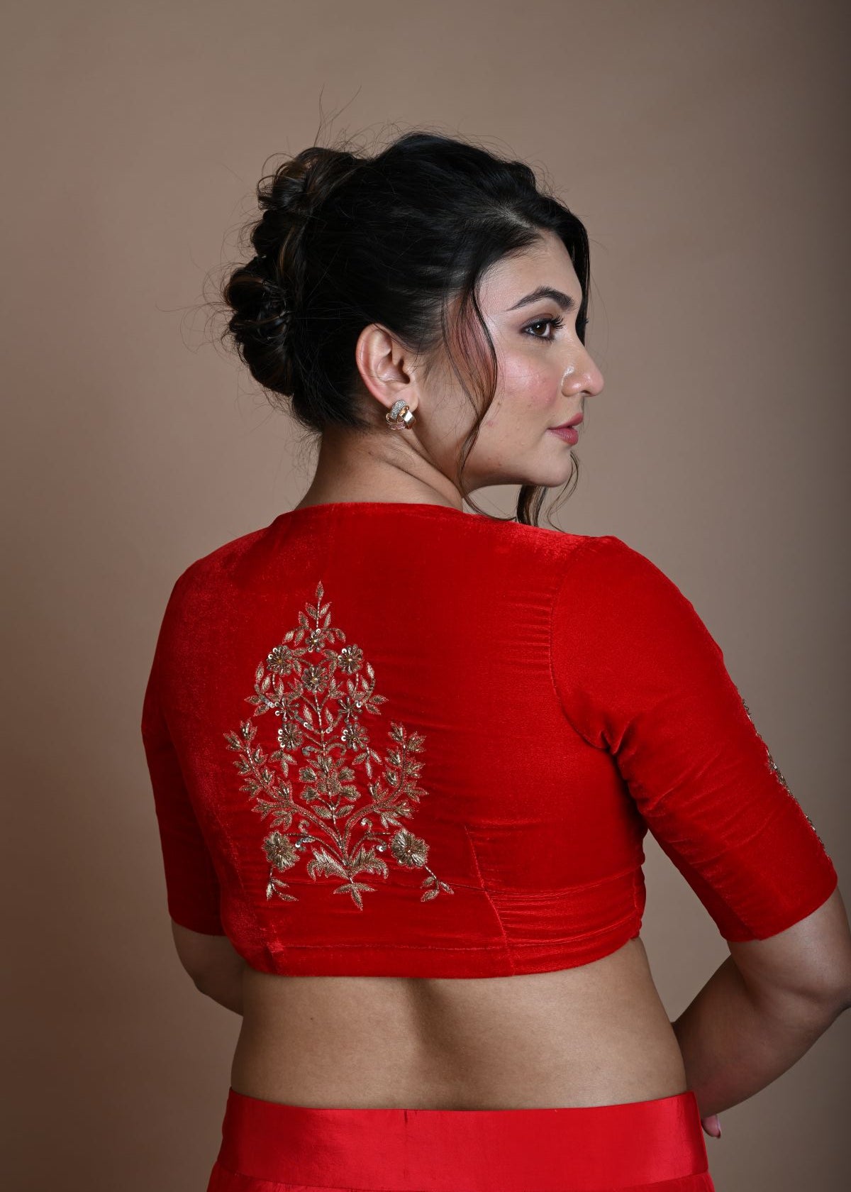 Red Bridal V Neck Blouse in Velvet with Half Sleeves and Hand Embroidery - Anvi Couture