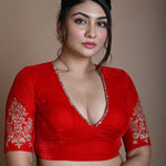 Red Bridal V Neck Blouse in Velvet with Half Sleeves and Hand Embroidery - Anvi Couture