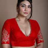 Red Bridal V Neck Blouse in Velvet with Half Sleeves and Hand Embroidery - Anvi Couture