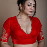 Red Bridal V Neck Blouse in Velvet with Half Sleeves and Hand Embroidery - Anvi Couture