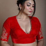 Red Bridal V Neck Blouse in Velvet with Half Sleeves and Hand Embroidery - Anvi Couture