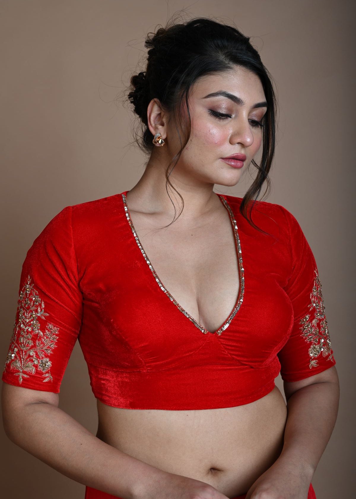 Red Bridal V Neck Blouse in Velvet with Half Sleeves and Hand Embroidery - Anvi Couture